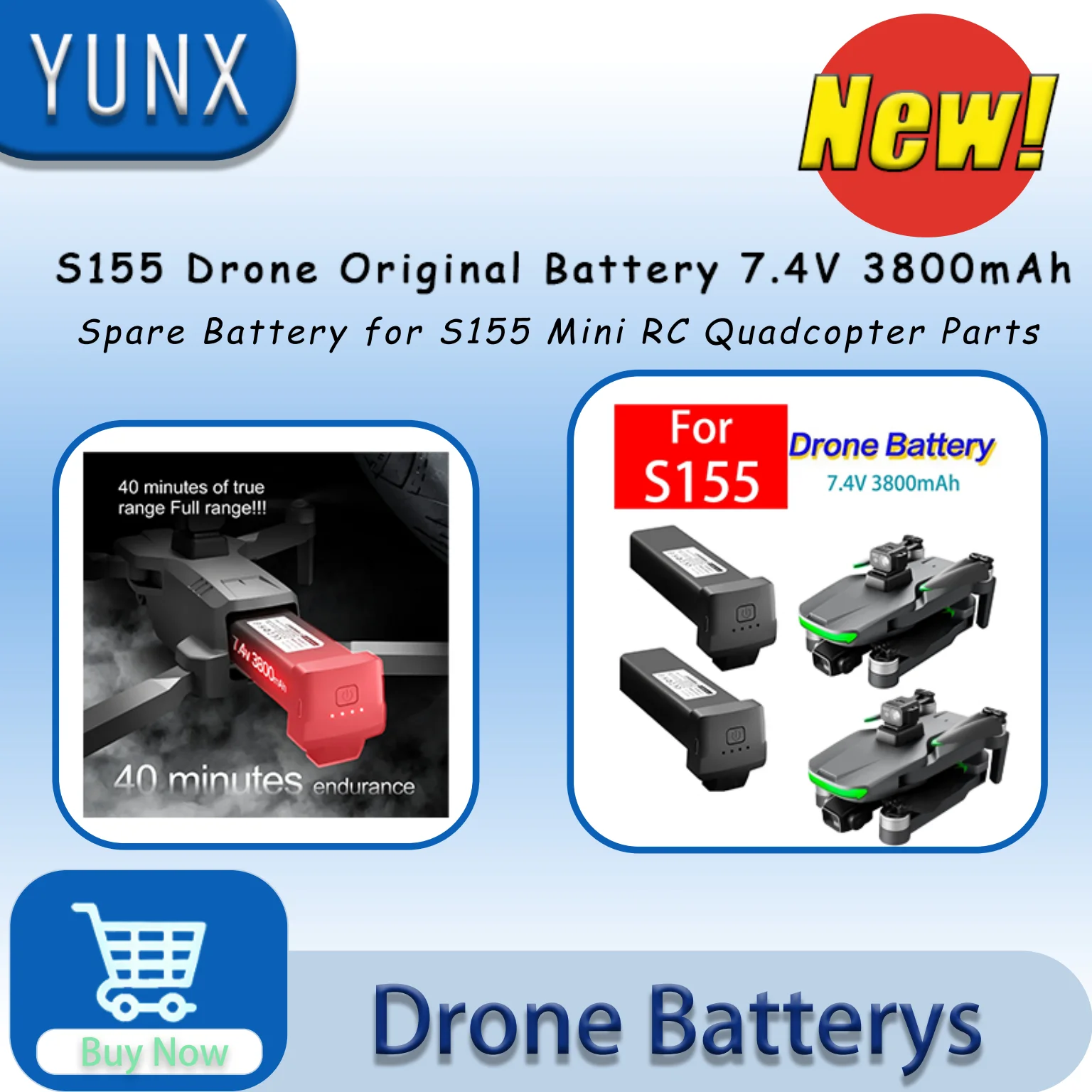S155 Drone Battery 7.4V 3800mAh For S155 Mini Drone Battery RC Quadcopter Spare Original Battery Accessories Parts
S155 Drone Battery 7.4V 3800mAh For S155 Mini Drone Battery RC Quadcopter Spare Original Battery Accessories Parts