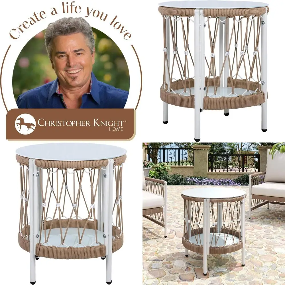 Outdoor Side Table with Storage Shelf, Glass Top, Small Patio Coffee Table, Sofa End Table, Patio Furniture Set, White and Beige
Outdoor Side Table with Storage Shelf, Glass Top, Small Patio Coffee Table, Sofa End Table, Patio Furniture Set, White and Beige