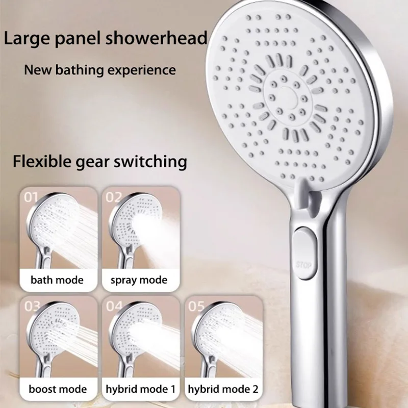 Bathroom Shower Head 5-function Large Water Output Booster Filter Handheld Shower One-button Water Stop Silicone Panel
Bathroom Shower Head 5-function Large Water Output Booster Filter Handheld Shower One-button Water Stop Silicone Panel
