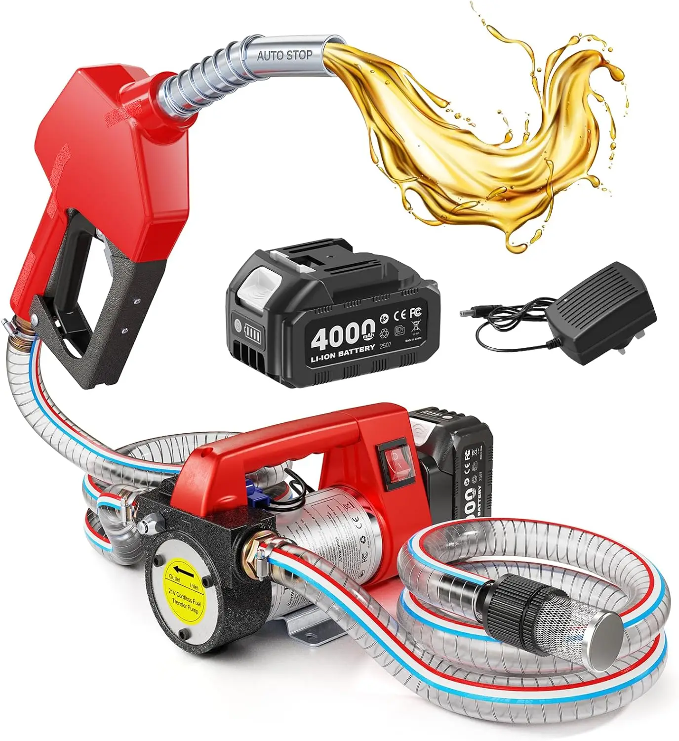 Fuel Transfer Pump Battery Powered, 12GPM Electric Pump Kit with 18V 4.0Ah Battery & Charger, Portable Cordless Pump
Fuel Transfer Pump Battery Powered, 12GPM Electric Pump Kit with 18V 4.0Ah Battery & Charger, Portable Cordless Pump