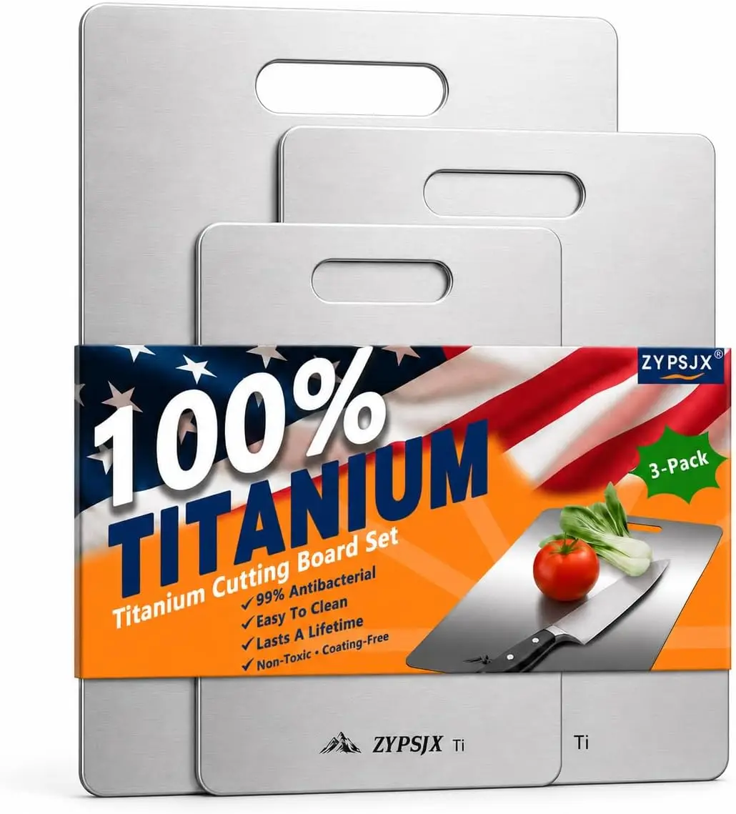 Titanium Cutting Board Set of 3 for Kitchen | 100% Pure Titanium, Non-Toxic, Double-Sided Food Grade, For Meat, Fruit & Daily Cooking
Titanium Cutting Board Set of 3 for Kitchen | 100% Pure Titanium, Non-Toxic, Double-Sided Food Grade, For Meat, Fruit & Daily Cooking