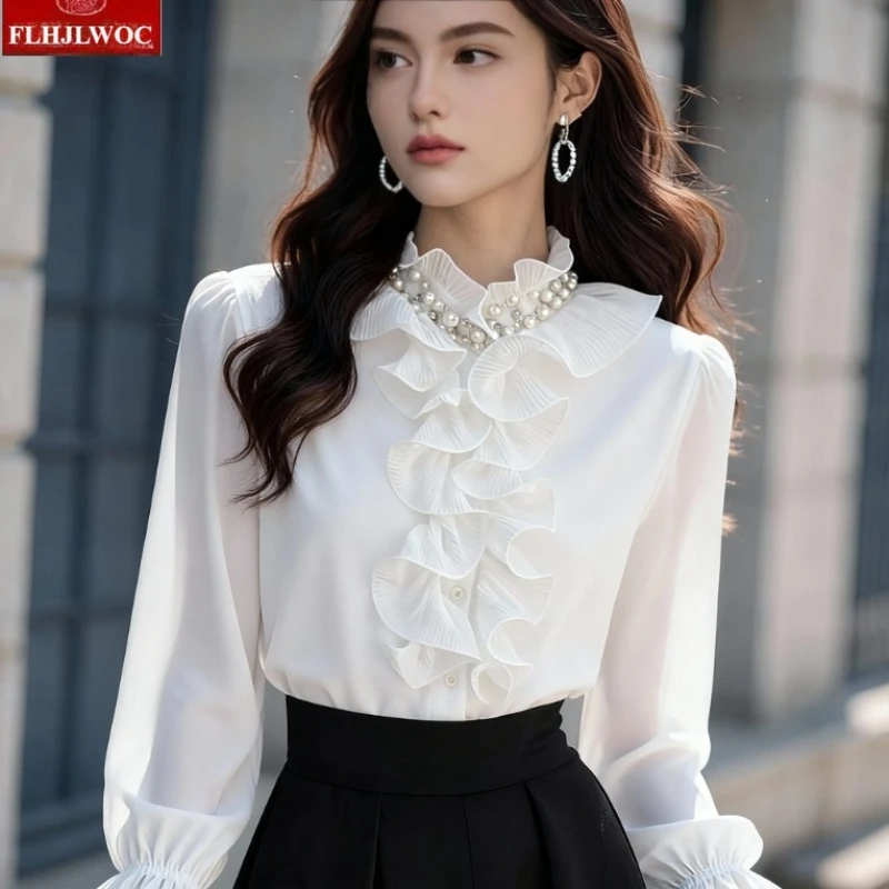 Блестящие блузки с бисером, женские модные элегантные офисные топы с длинным рукавом, французские белые шикарные блузы с рюшами
Блестящие блузки с бисером, женские модные элегантные офисные топы с длинным рукавом, французские белые шикарные блузы с рюшами