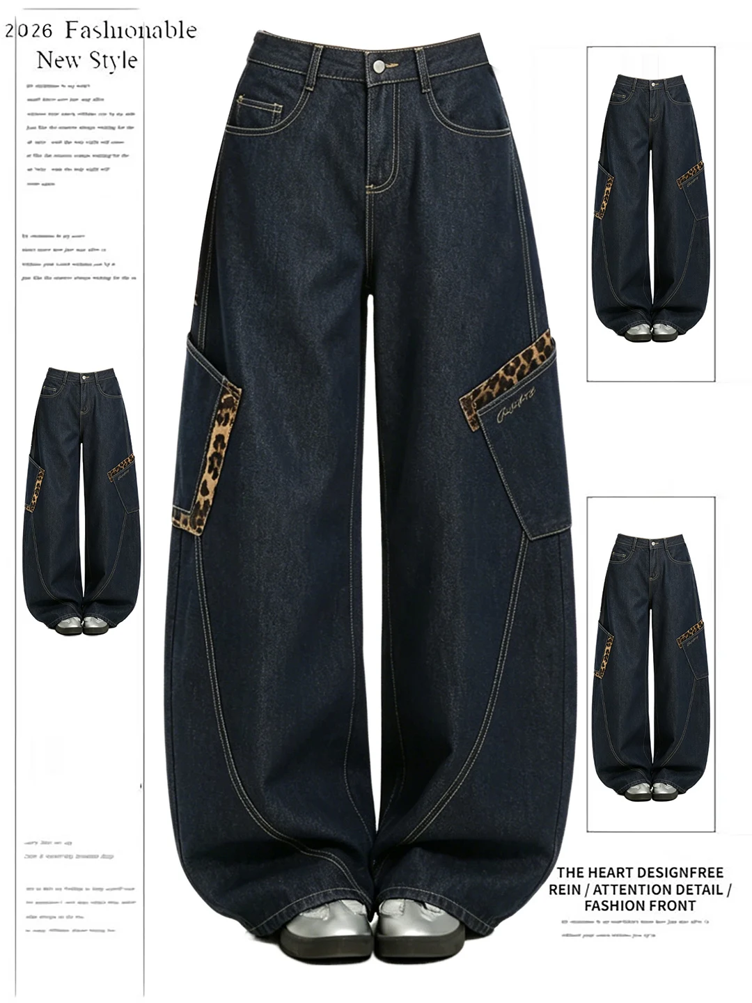 Retro American Leopard Print Patchwork Wide Leg Loose Workwear Jeans Women Summer Design Sense Trousers with Big Pockets
Retro American Leopard Print Patchwork Wide Leg Loose Workwear Jeans Women Summer Design Sense Trousers with Big Pockets