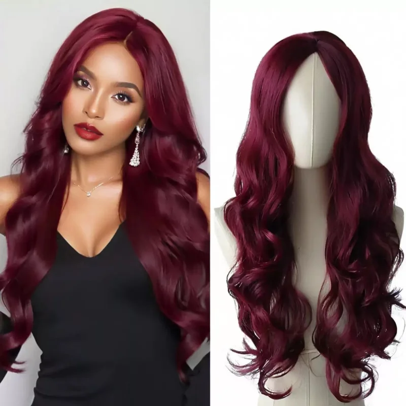 European and American style burgundy middle-parted long curly synthetic hair wig with large waves
European and American style burgundy middle-parted long curly synthetic hair wig with large waves