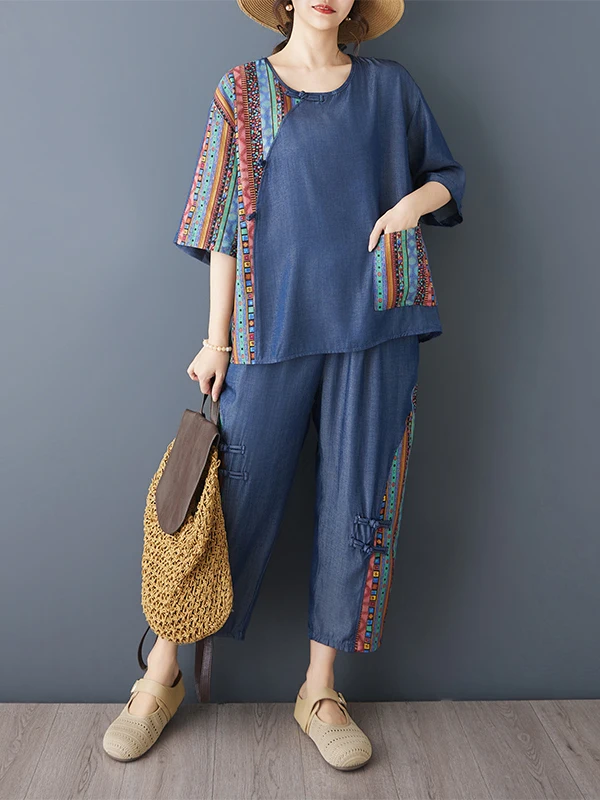 Women's Loose Fit Nine-Tenths Striped Denim Top And Pants Set Vintage Button Detailing Summer Fashion Casual Wear Home Use
Women's Loose Fit Nine-Tenths Striped Denim Top And Pants Set Vintage Button Detailing Summer Fashion Casual Wear Home Use