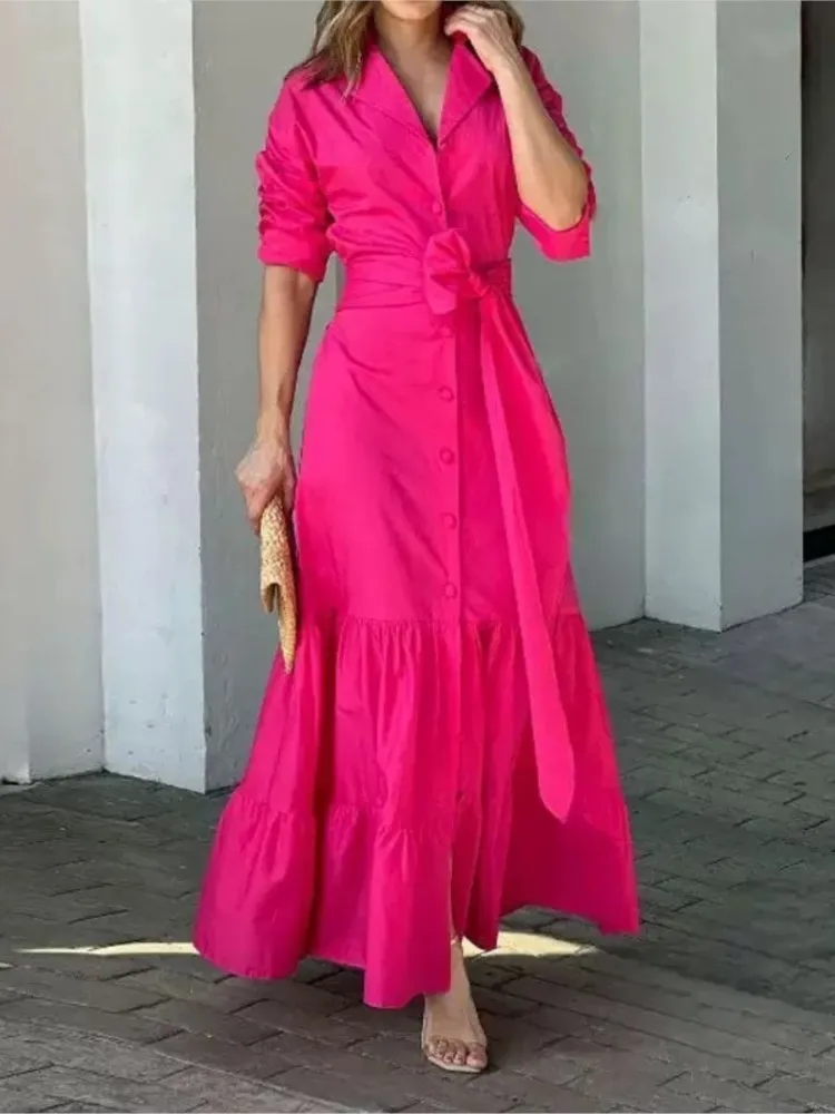 Elegant Women's Dress Summer Fashion Solid Color Long-sleeved Shirt Dress Boho Style Waist Lace-up Maxi Dresses Femme Vestidos
Elegant Women's Dress Summer Fashion Solid Color Long-sleeved Shirt Dress Boho Style Waist Lace-up Maxi Dresses Femme Vestidos