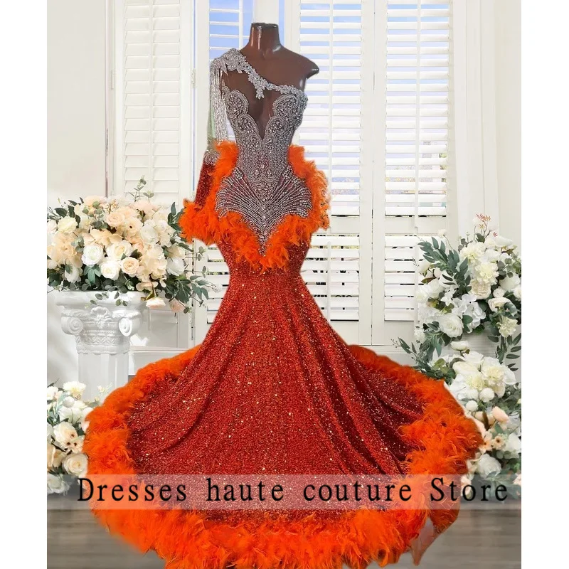 Real Sparkly Sequined Mermaid Prom Dresses Long for Women 2025 Crystal Feather Orange Formal Evening Gowns
Real Sparkly Sequined Mermaid Prom Dresses Long for Women 2025 Crystal Feather Orange Formal Evening Gowns