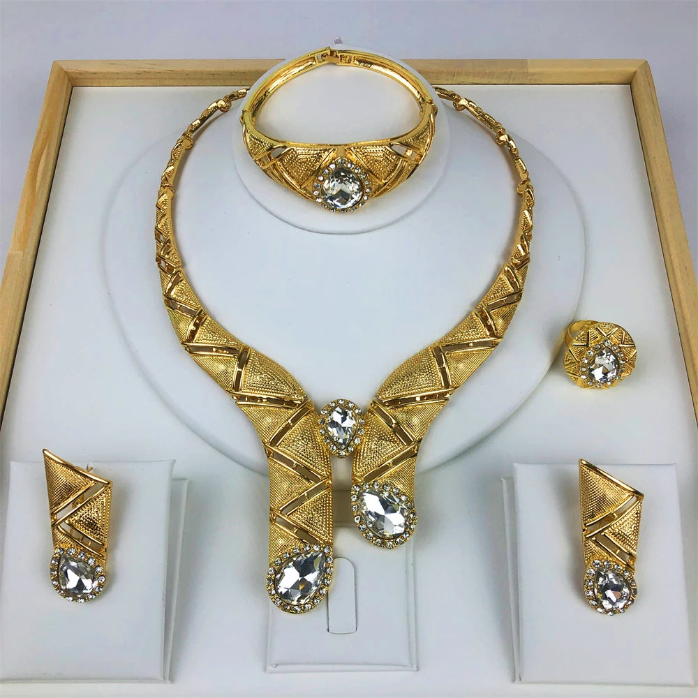 Dubai 18K Gold Plated Jewelry Set For Women Gold Color Necklace Earrings Bracelet And Ring Full Set Jewelry Nigeria Trending
Dubai 18K Gold Plated Jewelry Set For Women Gold Color Necklace Earrings Bracelet And Ring Full Set Jewelry Nigeria Trending