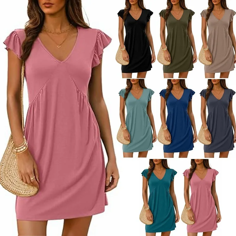 Women V-neck Mini Dress Casual Loose-fit Ruffle-sleeve Solid-colour Dress Female Holiday Cover-up Vestidos
Women V-neck Mini Dress Casual Loose-fit Ruffle-sleeve Solid-colour Dress Female Holiday Cover-up Vestidos