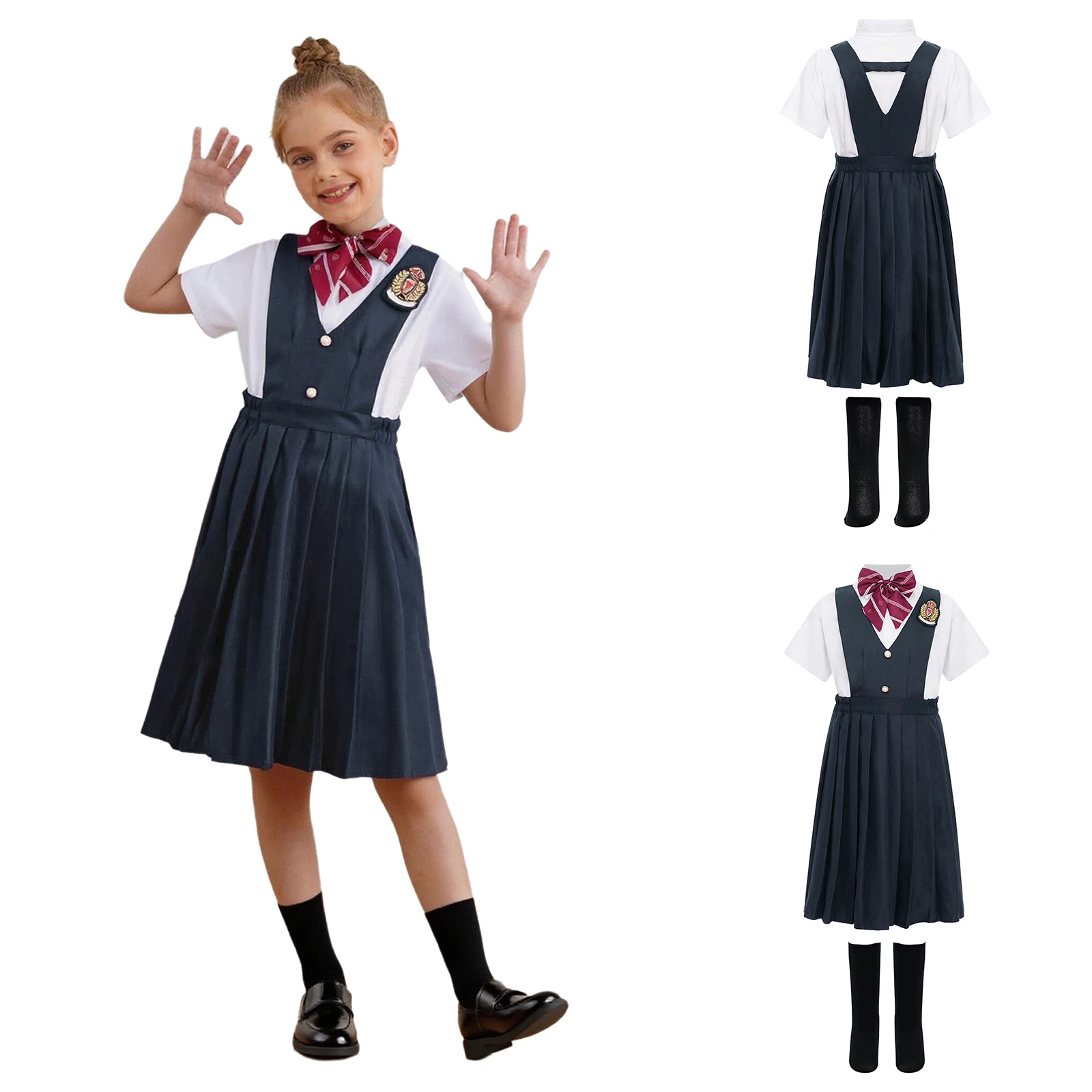 Kids Girls School Uniform Recitation Chorus Performance Costume Short Sleeve Shirt with Pleated Dress Bowtie Socks and Badge 
Kids Girls School Uniform Recitation Chorus Performance Costume Short Sleeve Shirt with Pleated Dress Bowtie Socks and Badge
