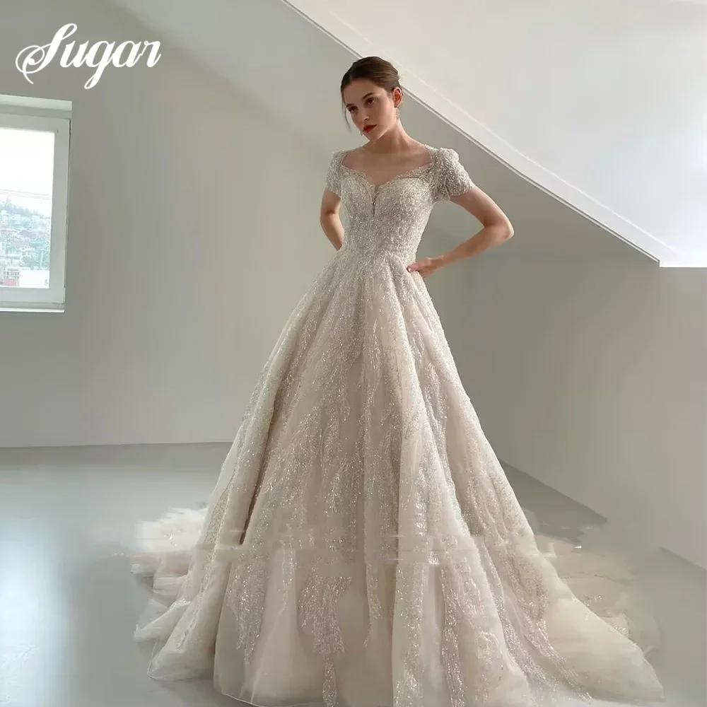 Princess V-Neck Wedding Dresses Sequined A-Line Lace Floor Length Sweep Train Bride Gowns Photo shoot Robe de mariage Customzied
Princess V-Neck Wedding Dresses Sequined A-Line Lace Floor Length Sweep Train Bride Gowns Photo shoot Robe de mariage Customzied