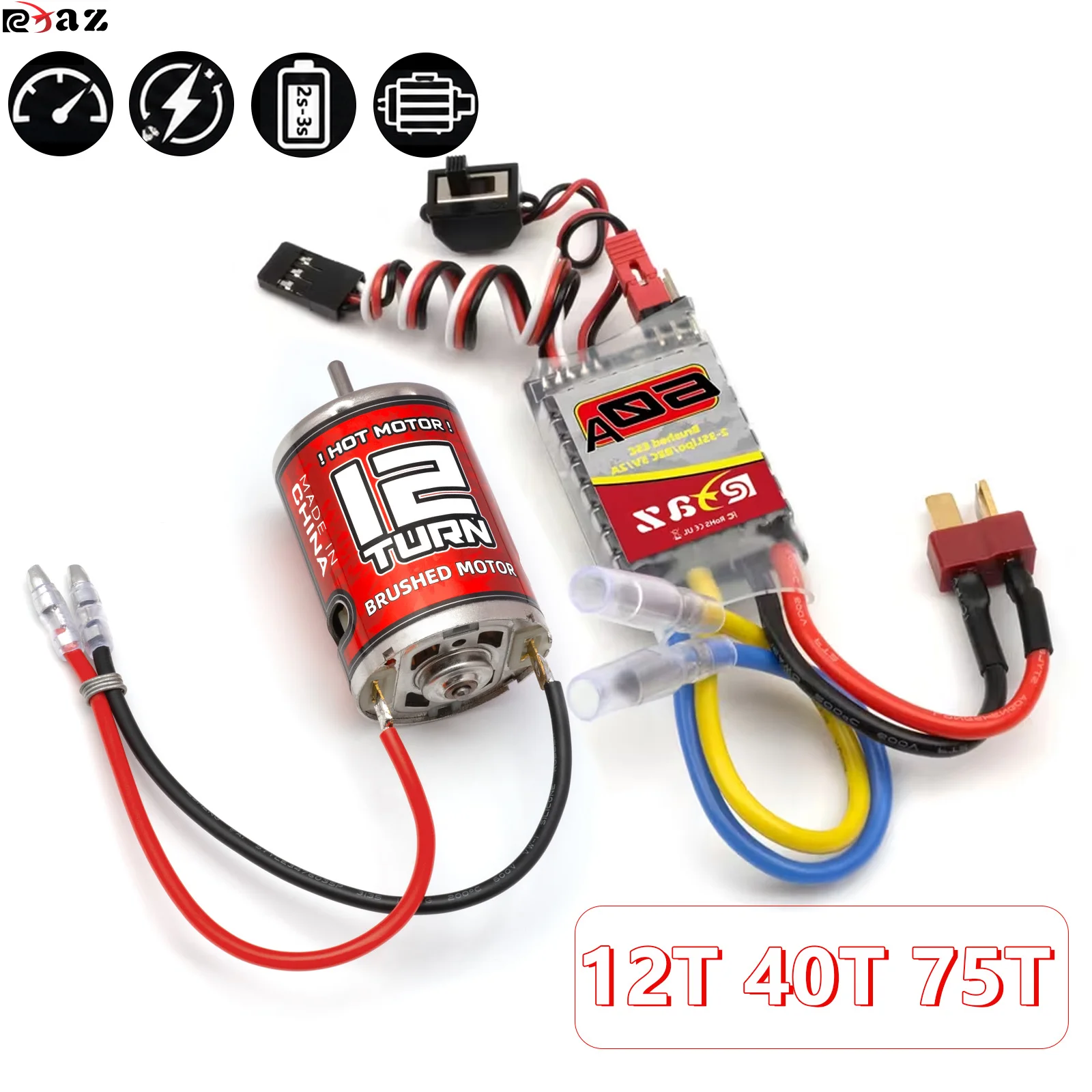RCXAZ 60A Waterproof Brushed ESC + 540 12T/40T/75T Motor Combo 2S-3S Speed Controller for 1/10 RC Crawler Truck Buggy Off-Road Car RC Parts Accessories
RCXAZ 60A Waterproof Brushed ESC + 540 12T/40T/75T Motor Combo 2S-3S Speed Controller for 1/10 RC Crawler Truck Buggy Off-Road Car RC Parts Accessories