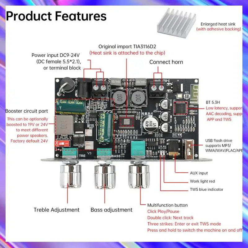 A24U ZK-1001U DC 9-24V BT Audio Power Amplifier Module 100W Mono Amplifier Board AMP Module For Home Theater TPA3116D2
A24U ZK-1001U DC 9-24V BT Audio Power Amplifier Module 100W Mono Amplifier Board AMP Module For Home Theater TPA3116D2