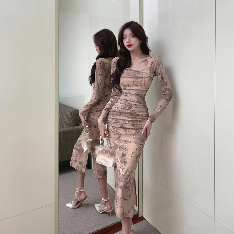 Autumn Slim Split Floral Print Dresses Women Square Collar Elastic Bodycon Mesh Dress Lasies Long Sleeve Long Sheath Vestidos
Autumn Slim Split Floral Print Dresses Women Square Collar Elastic Bodycon Mesh Dress Lasies Long Sleeve Long Sheath Vestidos