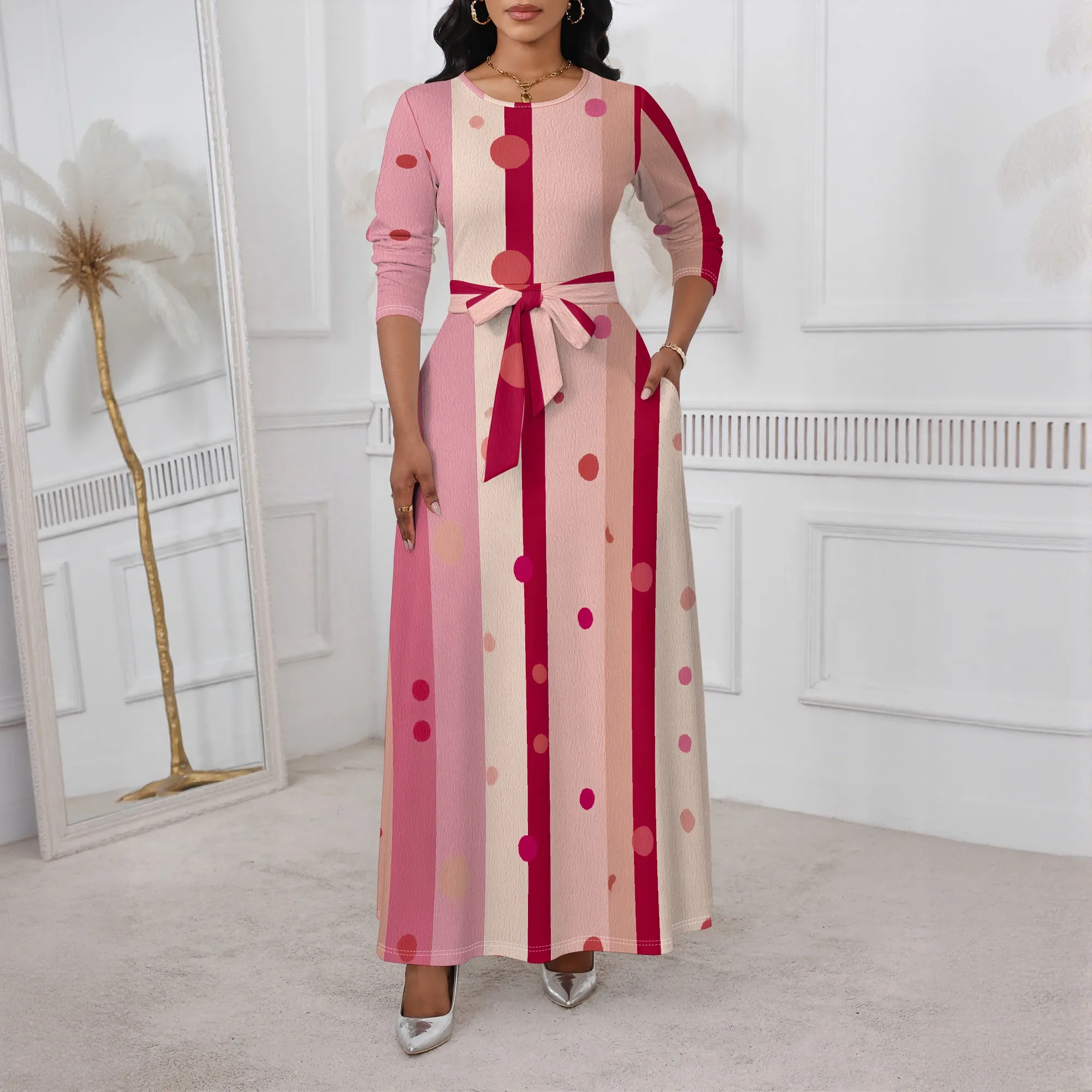 Pink Stripe & Dot Maxi Dress XS-3XL Long Sleeve Belted Crew Neck Style for Valentine's Day, Spring Brunch or Mother's Day Look
Pink Stripe & Dot Maxi Dress XS-3XL Long Sleeve Belted Crew Neck Style for Valentine's Day, Spring Brunch or Mother's Day Look