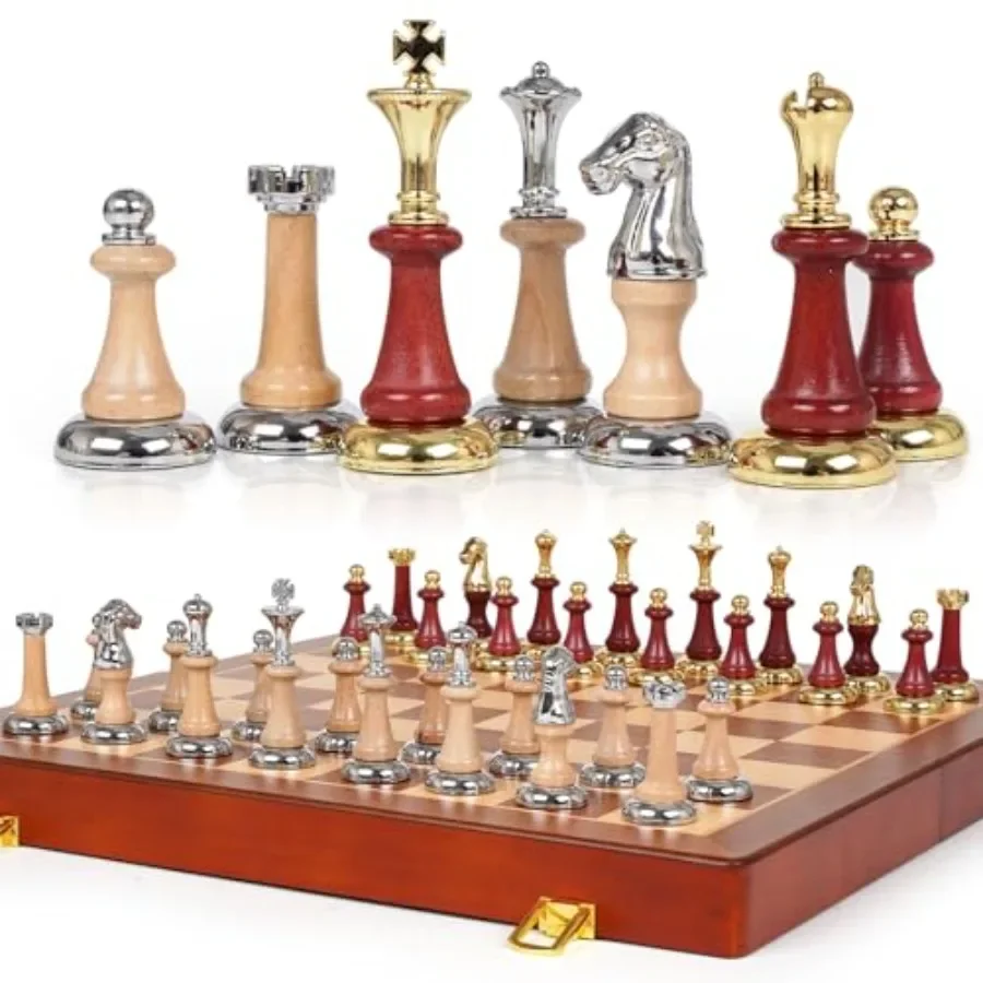 Large Wooden Chess Set for home office use: walnut wood board, black gold metal/wood pieces, 17-inch luxury design with 2 extra
Large Wooden Chess Set for home office use: walnut wood board, black gold metal/wood pieces, 17-inch luxury design with 2 extra