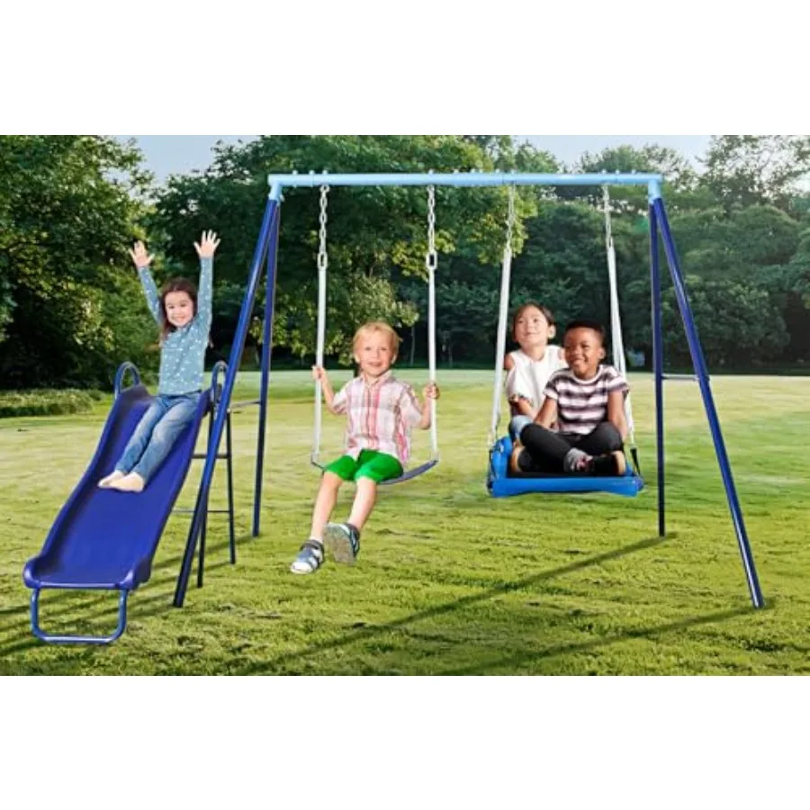Backyard kids swing set: heavy-duty metal A-frame, blue, 3-in-1 with slide, platform belt swings, 500lb capacity, 4 anchors
Backyard kids swing set: heavy-duty metal A-frame, blue, 3-in-1 with slide, platform belt swings, 500lb capacity, 4 anchors