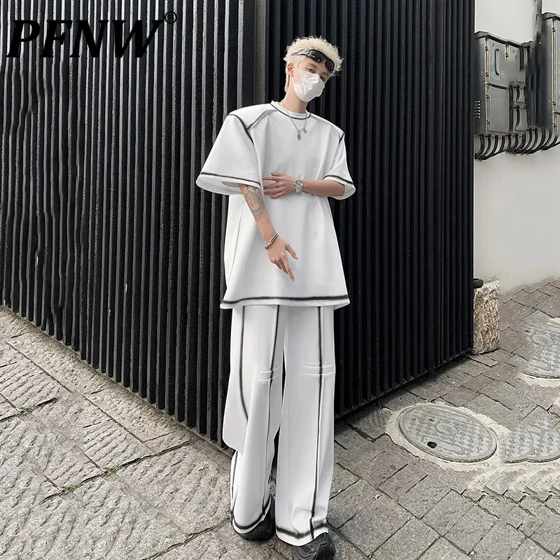 Мужские комплекты PFNW с наплечниками с рисунком линии, дизайнерские топы с коротким рукавом контрастных цветов, корейские широкие брюки, модные брюки 24X9169
Мужские комплекты PFNW с наплечниками с рисунком линии, дизайнерские топы с коротким рукавом контрастных цветов, корейские широкие брюки, модные брюки 24X9169