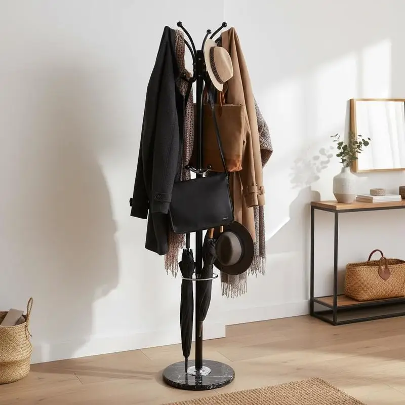 Coat rack, 176 cm, clothes rack with umbrella holder, stable marble base and 14 hooks, jacket rack for entryway, living room, clothes hanger for hats, scarves, bags
Coat rack, 176 cm, clothes rack with umbrella holder, stable marble base and 14 hooks, jacket rack for entryway, living room, clothes hanger for hats, scarves, bags