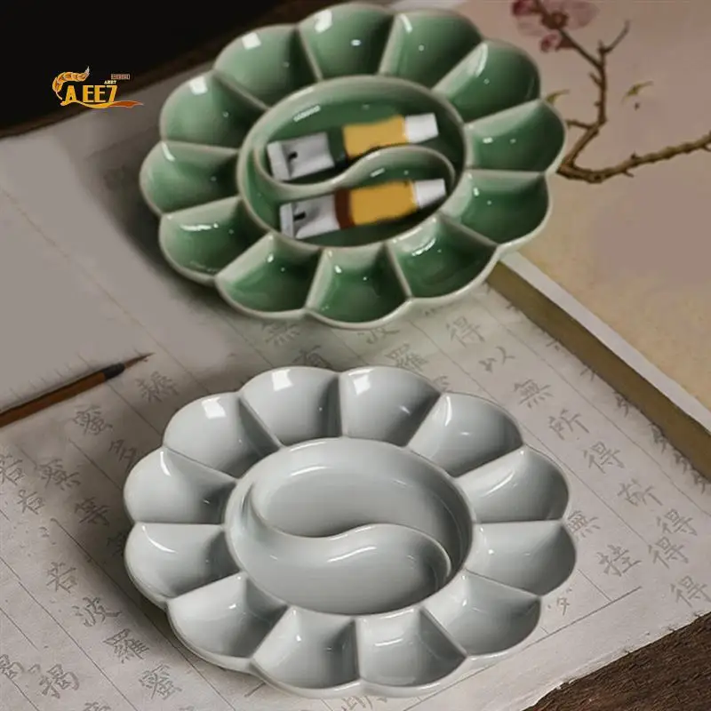 AEE7-Handmade Celadon Palette Plum Blossom-Shaped Watercolor Paint Tray Ru Kiln Plate And Pen Holder
AEE7-Handmade Celadon Palette Plum Blossom-Shaped Watercolor Paint Tray Ru Kiln Plate And Pen Holder