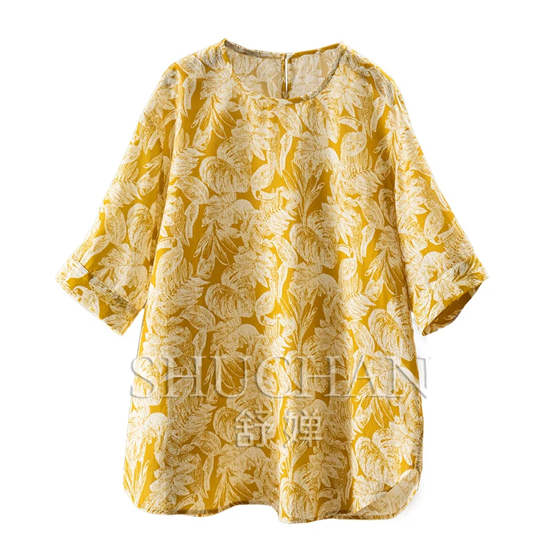 D Spring home, bright and sunny, Ark quality Tencel + linen printing round neck five-quarter sleeve shirt women's 74A0
D Spring home, bright and sunny, Ark quality Tencel + linen printing round neck five-quarter sleeve shirt women's 74A0