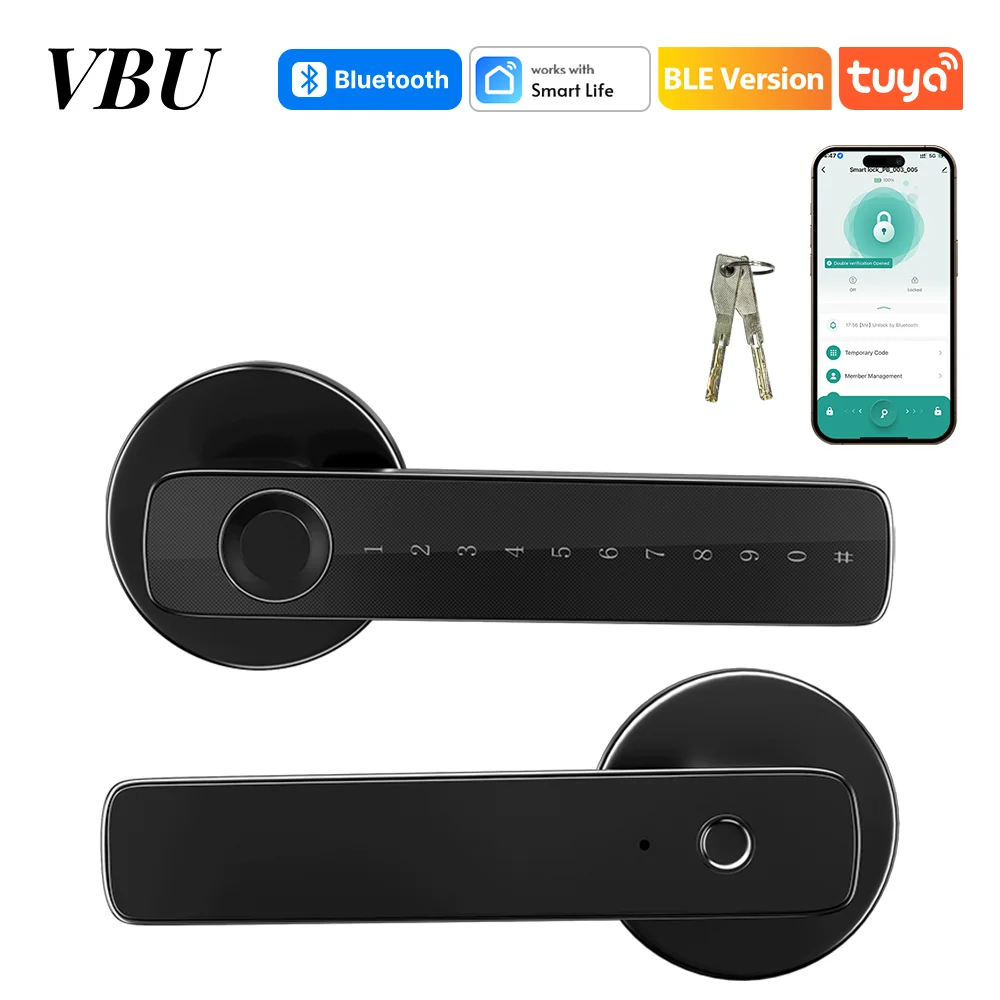 VBU Tuya BLE Fingerprint Door Lock Digital Electronic Lock with Password/Key/IC Card/Smart Life/Tuya APP Remote Unlock
VBU Tuya BLE Fingerprint Door Lock Digital Electronic Lock with Password/Key/IC Card/Smart Life/Tuya APP Remote Unlock