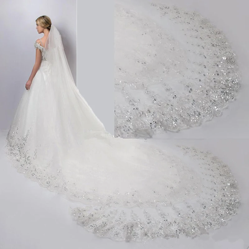 Wholesale Prices White Ivory 3 Meters Cathedral Wedding Veils Sequin Lace Appliques Bridal Veil Soft Tulle Veil Real Photos
Wholesale Prices White Ivory 3 Meters Cathedral Wedding Veils Sequin Lace Appliques Bridal Veil Soft Tulle Veil Real Photos