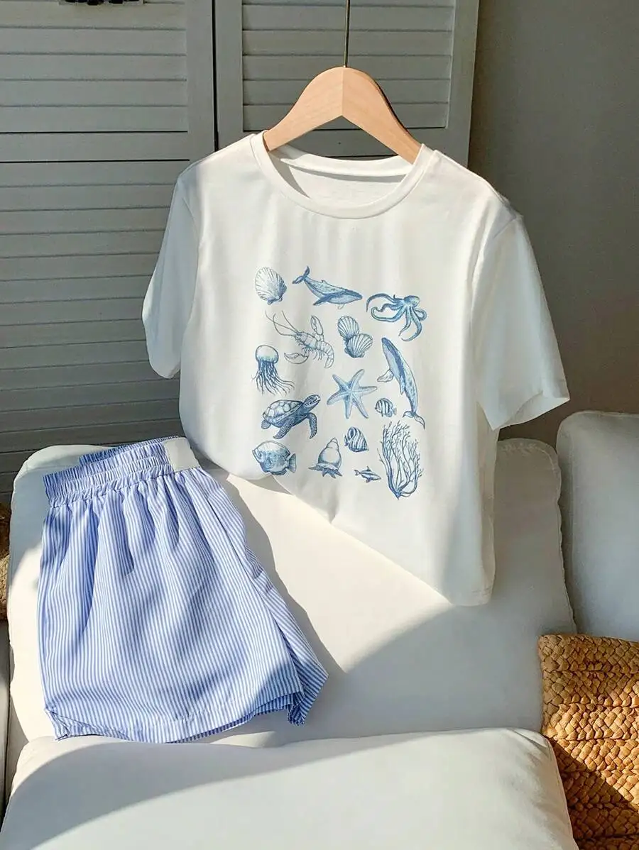 Women 2pcs Starfish Print Round Neck Short Sleeve T-Shirt And Striped Shorts Casual Summer Set
Women 2pcs Starfish Print Round Neck Short Sleeve T-Shirt And Striped Shorts Casual Summer Set
