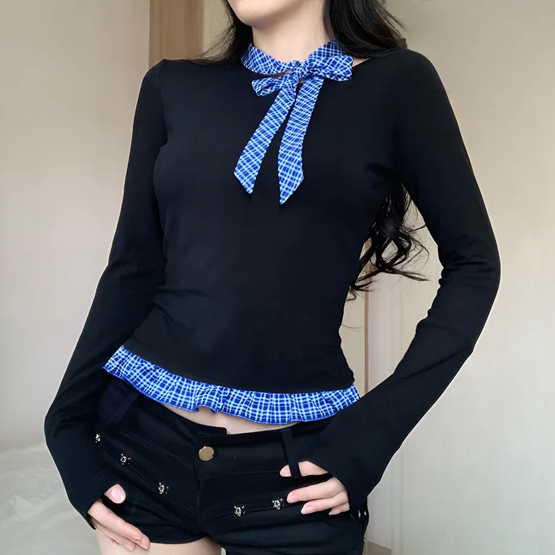 Collar Bow Strap Plaid Patchwork Knit Sweater Top for Spicy Girls Slim Fit Casual Fashionable Versatile Long Sleeved T-shirt
Collar Bow Strap Plaid Patchwork Knit Sweater Top for Spicy Girls Slim Fit Casual Fashionable Versatile Long Sleeved T-shirt