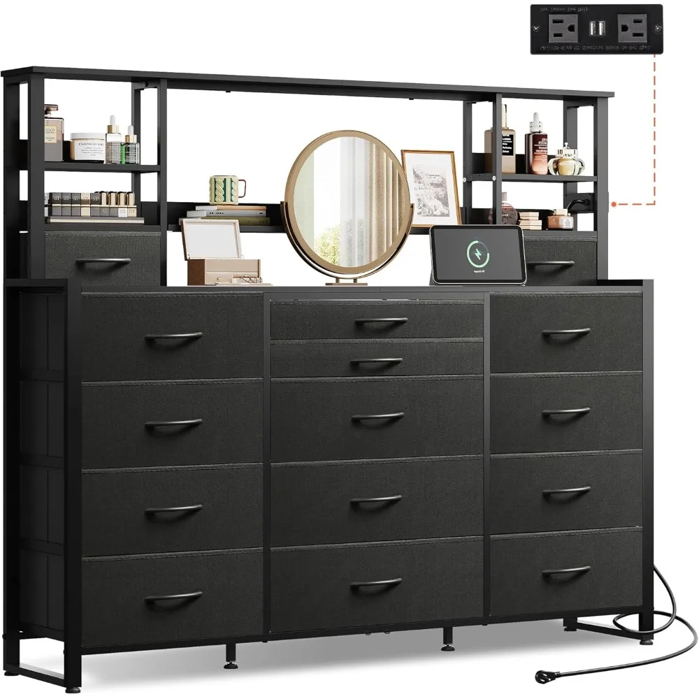 55" W Dresser for Bedroom with 15 Fabric Drawers & 5 Storage Shelves, Tall Black Dresser with Charging Station, Makeup Vanity D 
55" W Dresser for Bedroom with 15 Fabric Drawers & 5 Storage Shelves, Tall Black Dresser with Charging Station, Makeup Vanity D