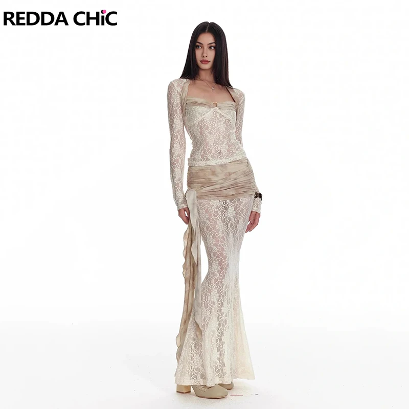 REDDACHiC Women Shrug Top Skirt Set Floral Lace See Through Long Sleeve T-shirt Mermaid Flowy Maxi Skirt Festival Party Costumes
REDDACHiC Women Shrug Top Skirt Set Floral Lace See Through Long Sleeve T-shirt Mermaid Flowy Maxi Skirt Festival Party Costumes