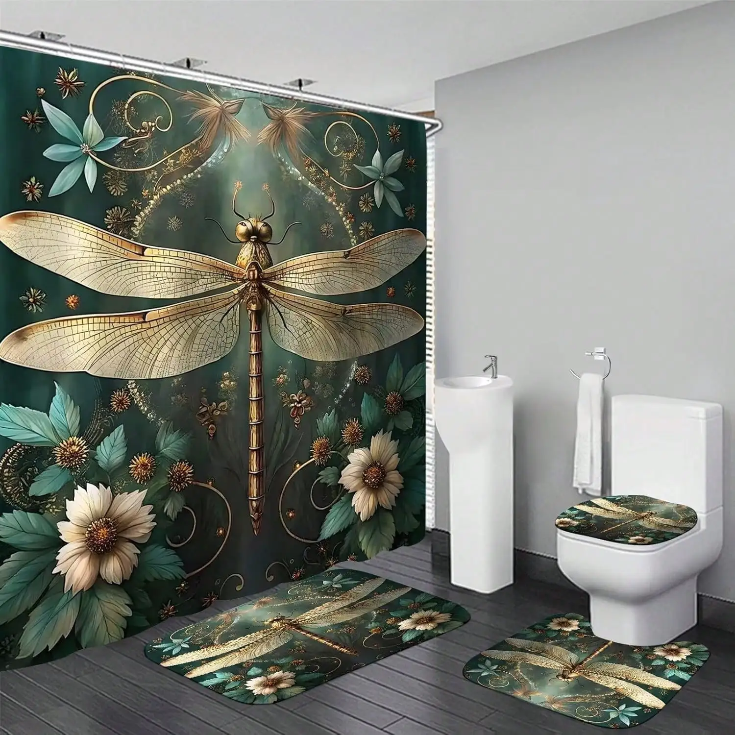 1/4pcs Dragonfly Shower Curtain Set Vintage Floral Pattern Bathroom Decor Sets With Rugs Include Shower Curtain Non-Slip Rug Toilet Lid Cover Bath Mat And 12 Plastic Hooks
1/4pcs Dragonfly Shower Curtain Set Vintage Floral Pattern Bathroom Decor Sets With Rugs Include Shower Curtain Non-Slip Rug Toilet Lid Cover Bath Mat And 12 Plastic Hooks