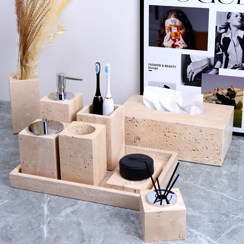 Natural Travertine Stone Bathroom Tray Set, Soap Dispenser & Tissue Holder Combo, Aesthetic Vanity Decor for Washroom
Natural Travertine Stone Bathroom Tray Set, Soap Dispenser & Tissue Holder Combo, Aesthetic Vanity Decor for Washroom