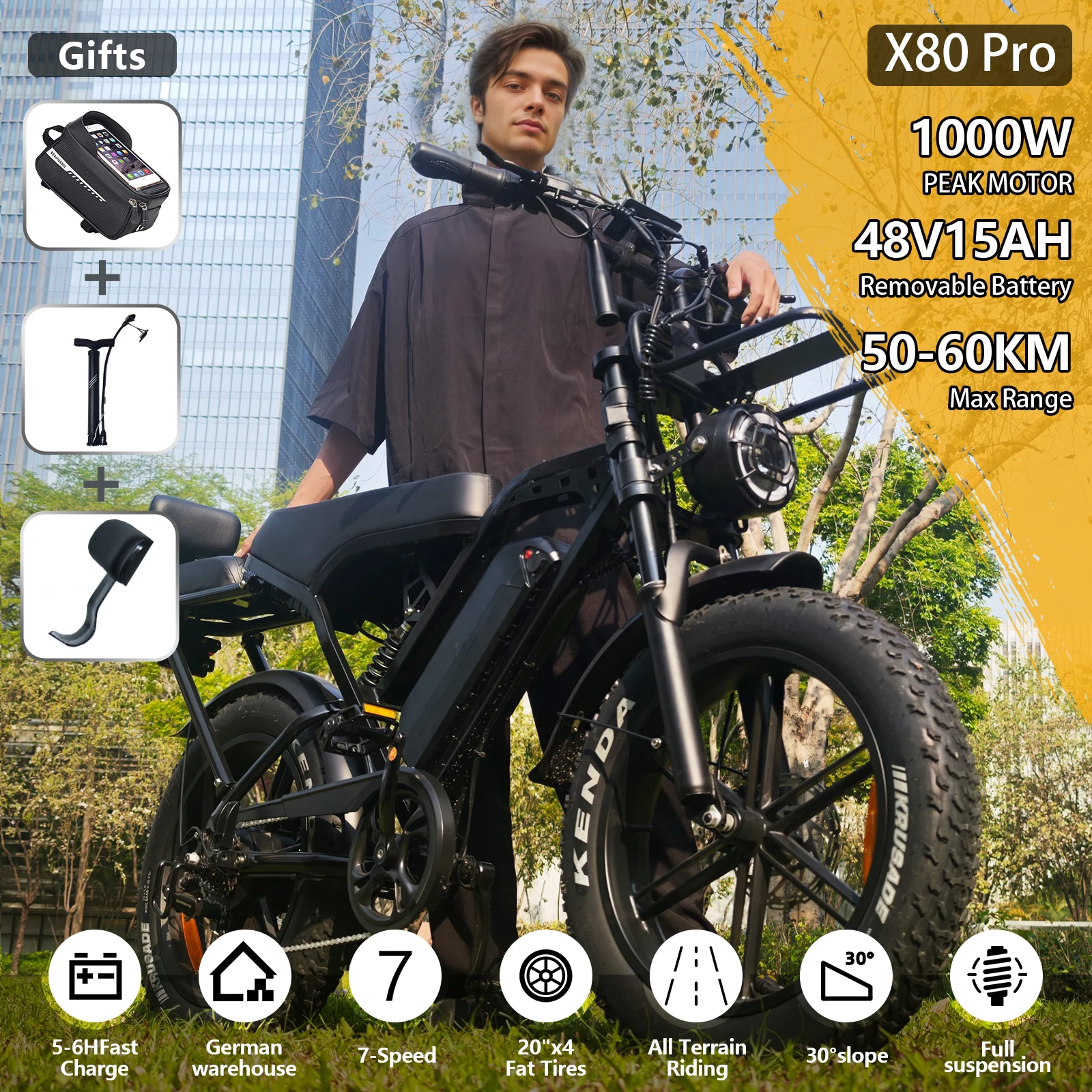 X80Pro Adult Fat Tire Electric Bike, Urban Riding Electric Bike | 48V 15Ah Battery, 1000W Motor, 50-60km Range | 20-inch Fat Tires, 7-Speed Drivetrain, Front and Rear Suspension and Hydraulic Disc Brakes | Off-Road Electric Mountain Bike
X80Pro Adult Fat Tire Electric Bike, Urban Riding Electric Bike | 48V 15Ah Battery, 1000W Motor, 50-60km Range | 20-inch Fat Tires, 7-Speed Drivetrain, Front and Rear Suspension and Hydraulic Disc Brakes | Off-Road Electric Mountain Bike