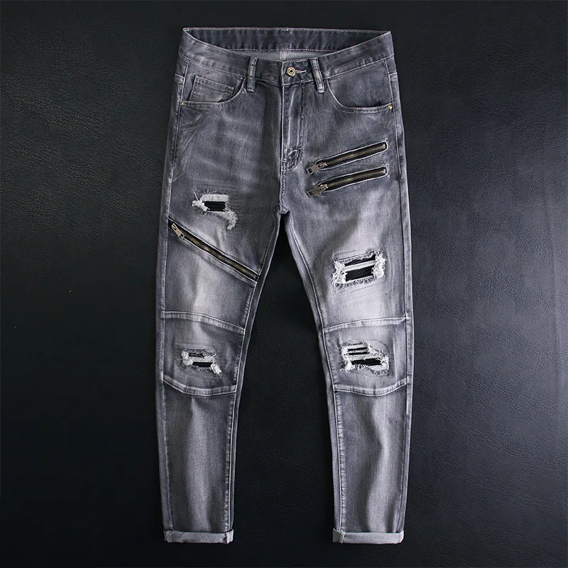 High end zipper ripped jeans, men's slim fit elastic motorcycle splicing, street fashion, personality, trendy pants
High end zipper ripped jeans, men's slim fit elastic motorcycle splicing, street fashion, personality, trendy pants