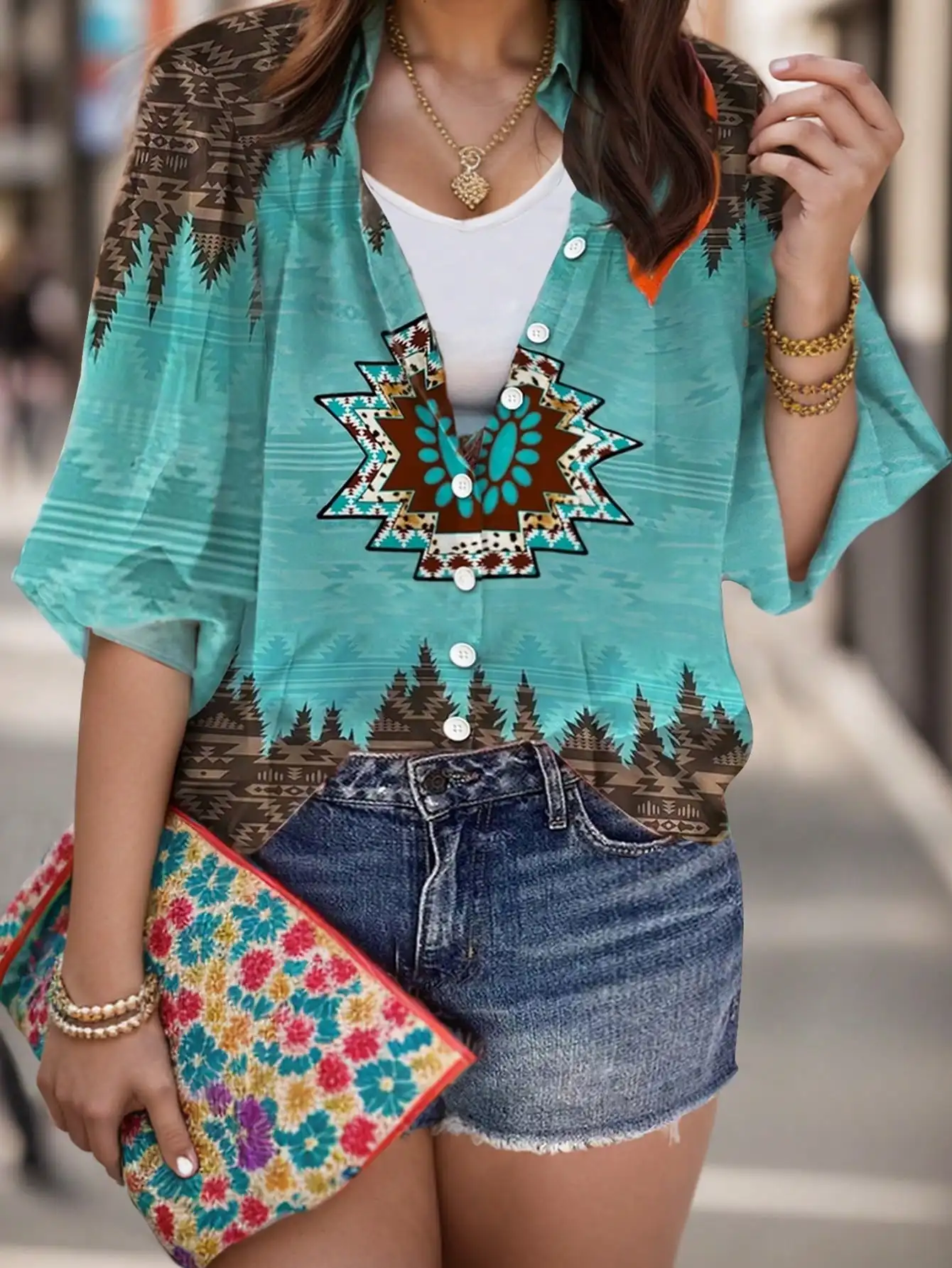 Plus-Size Women's Western-Style Ethnic Geometric Print 3/4-Sleeve Shirt
Plus-Size Women's Western-Style Ethnic Geometric Print 3/4-Sleeve Shirt