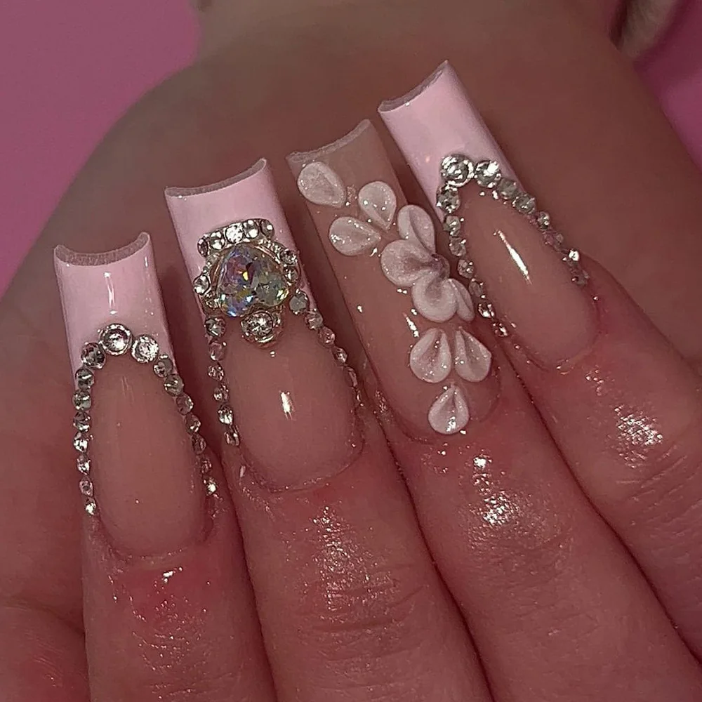 24pcs Finished Press on Nails Art Pink French Long Ballet False Nails with Diamond Flower Full Cover Nail Tip Wearable Fake Nail
24pcs Finished Press on Nails Art Pink French Long Ballet False Nails with Diamond Flower Full Cover Nail Tip Wearable Fake Nail