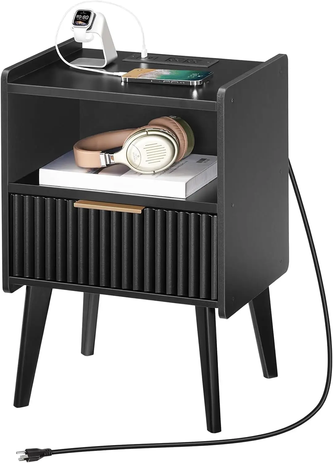 Black Nightstand with Charging Station, Modern Bedside Table with Drawer and Storage Shelf, End Side Table with Solid Wood Le
Black Nightstand with Charging Station, Modern Bedside Table with Drawer and Storage Shelf, End Side Table with Solid Wood Le
