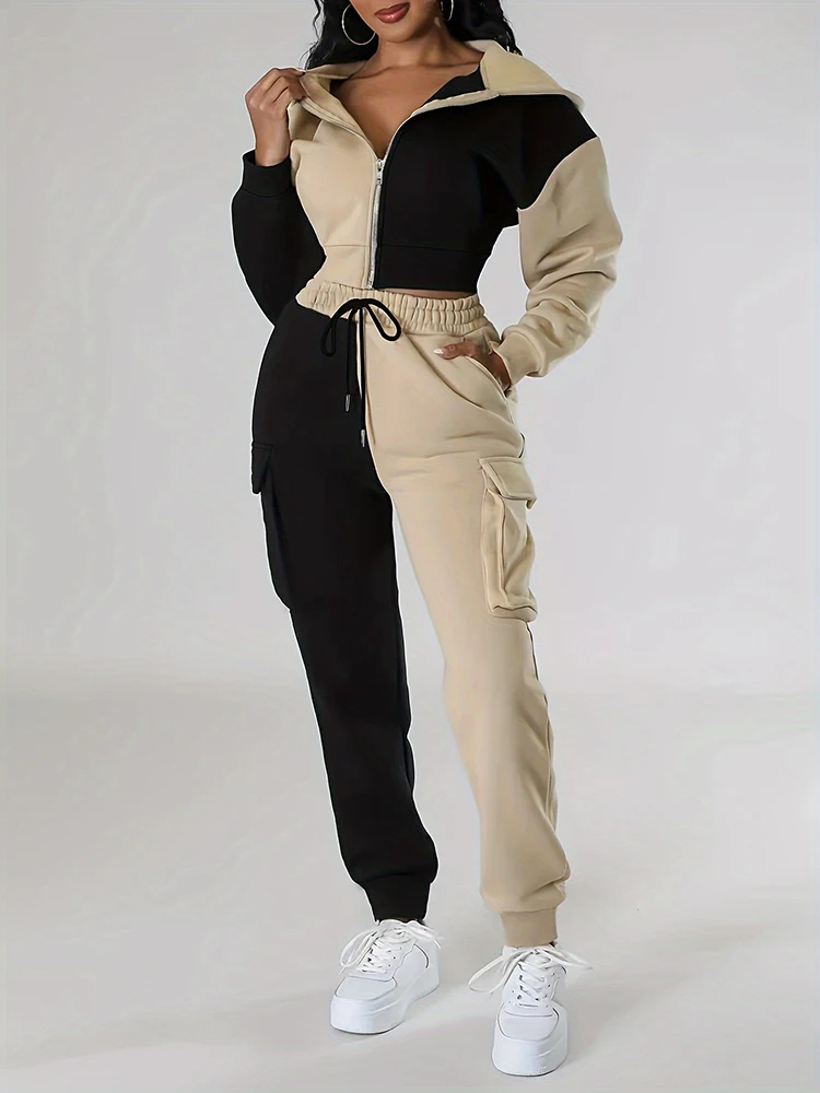 Spring Color Blocking Splice Pants Suit Women Long Sleeves Hooded Zipper Coat+high Waist Drawstring Tapered Pants Two Piece Set
Spring Color Blocking Splice Pants Suit Women Long Sleeves Hooded Zipper Coat+high Waist Drawstring Tapered Pants Two Piece Set