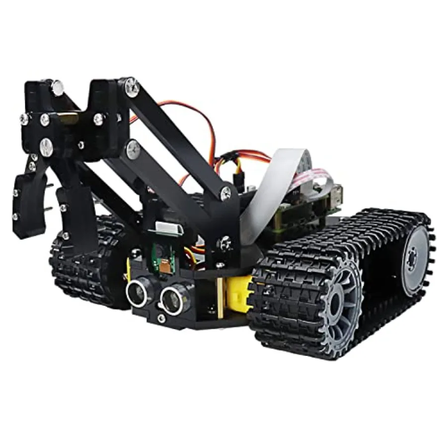Tank Robot Kit for Raspberry Pi 5/4B/3B+/Zero 2W: Crawler Chassis ABS Plastic Black Grab Objects + Ball Tracing + Line Tracking