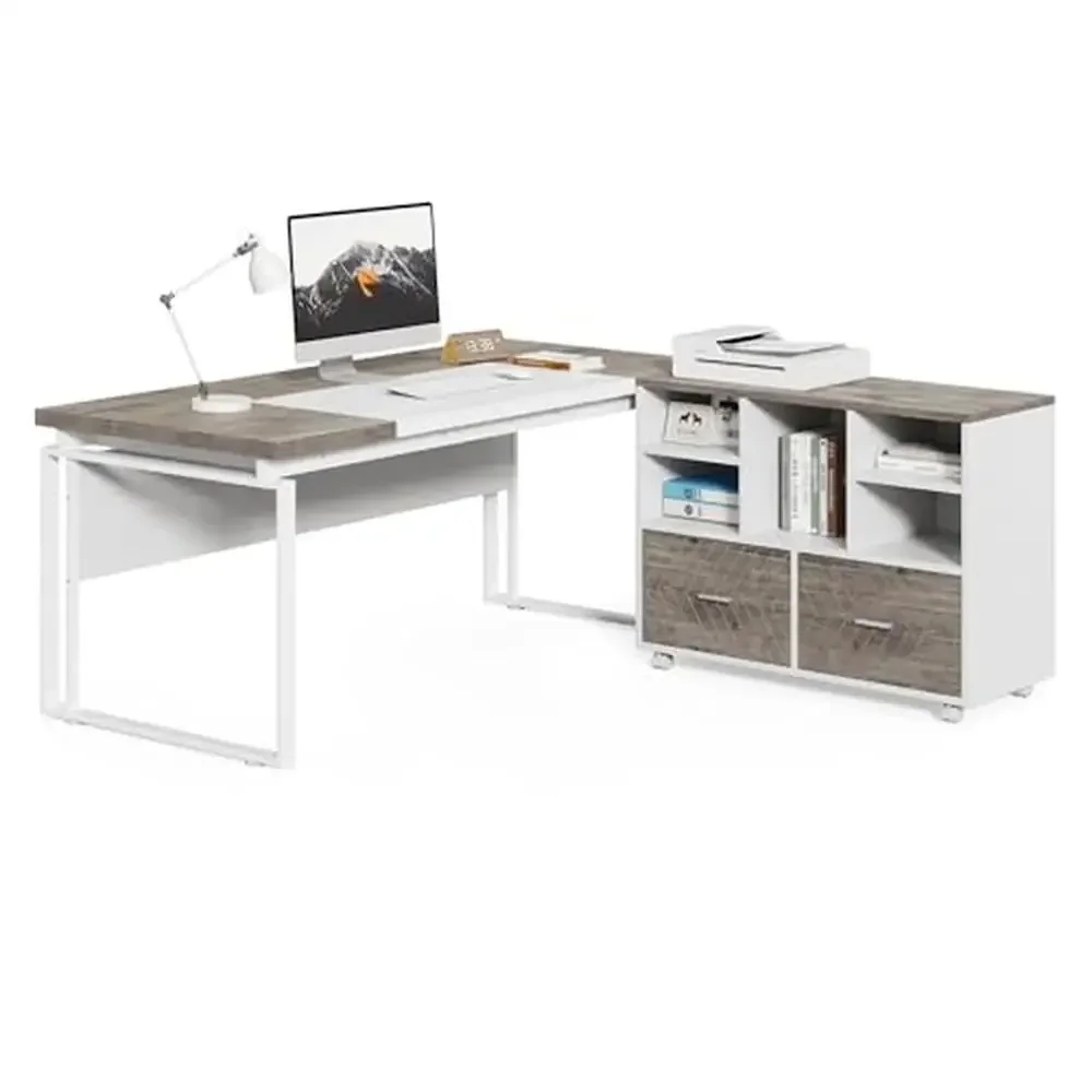 Executive Office Desk with File Cabinet Storage Drawers L-Shaped Design Gray and White Finish Sturdy Wood Construction Modern
Executive Office Desk with File Cabinet Storage Drawers L-Shaped Design Gray and White Finish Sturdy Wood Construction Modern