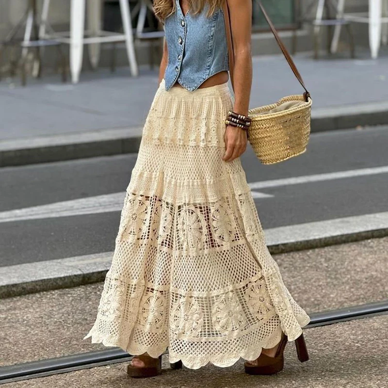 Summer Solid Color Hollow Out Lace Embroidery Skirts New Women High Waist Knitted Skirt Elegant Holiday Slim Knitted Long Skirts
Summer Solid Color Hollow Out Lace Embroidery Skirts New Women High Waist Knitted Skirt Elegant Holiday Slim Knitted Long Skirts
