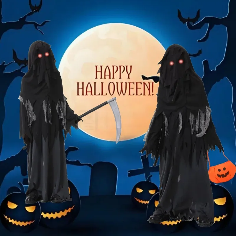 Halloween Children Cosplay Costume Torn Cloth Ghost Long Black Robe Red Glasses Sickle Pumpkin Bag Suit Terror Roleplay Outfits
Halloween Children Cosplay Costume Torn Cloth Ghost Long Black Robe Red Glasses Sickle Pumpkin Bag Suit Terror Roleplay Outfits