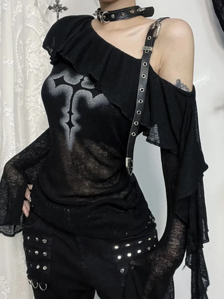 Deeptown Black Gothic Graphic T-Shirts Women Y2k Grunge Punk Off Shoulder Tees Sexy See Through Tops Vintage Flared Sleeve Tees
Deeptown Black Gothic Graphic T-Shirts Women Y2k Grunge Punk Off Shoulder Tees Sexy See Through Tops Vintage Flared Sleeve Tees