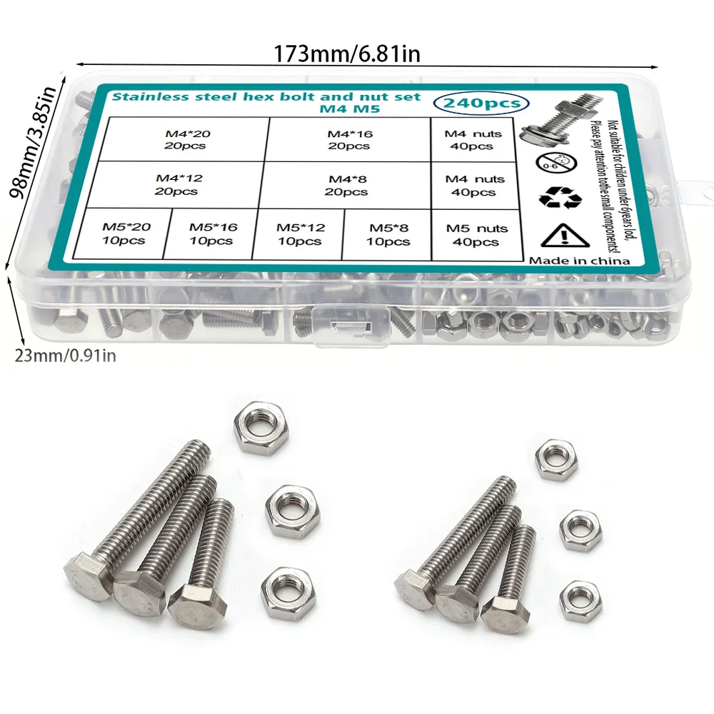 240-piece set of stainless steel hex bolts and nuts, M4 and M5, lengths 8mm, 12mm, 16mm, and 20mm.
240-piece set of stainless steel hex bolts and nuts, M4 and M5, lengths 8mm, 12mm, 16mm, and 20mm.
