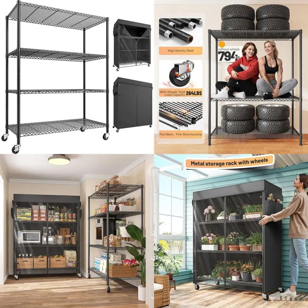 Heavy-Duty 4-Tier Metal Storage Shelves with Cover and Wheels for Dorm, Garage, and Utility Spaces
Heavy-Duty 4-Tier Metal Storage Shelves with Cover and Wheels for Dorm, Garage, and Utility Spaces