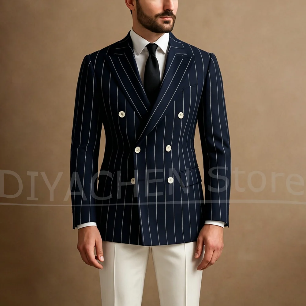 Men Pinstripe Double Breasted Blazer with White Pants Two Pieces Suit Peak Lapel Formal Outfit Business Casual Party Tuxedo
Men Pinstripe Double Breasted Blazer with White Pants Two Pieces Suit Peak Lapel Formal Outfit Business Casual Party Tuxedo