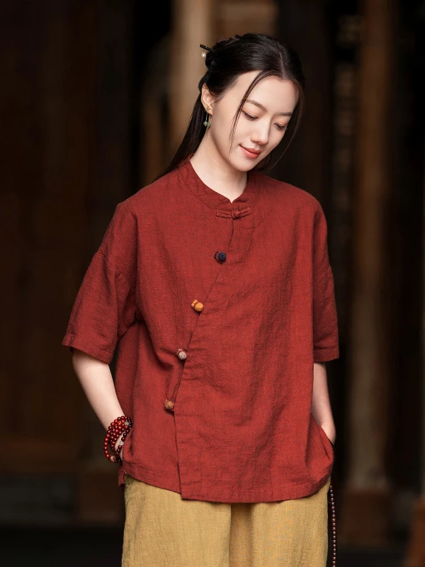 Retro Chinese Style Women's Cotton Linen Shirt Summer Thin Short Sleeve Button up Top Loose Fit Pure Color Commute Fashion
Retro Chinese Style Women's Cotton Linen Shirt Summer Thin Short Sleeve Button up Top Loose Fit Pure Color Commute Fashion