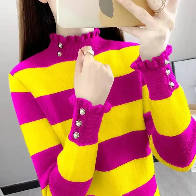 Sweater Bottoming Shirt Female Tops 2025 New Fashion Color Blocked Striped Sweater Pullover Half High Collar Long Sleeve Knitted
Sweater Bottoming Shirt Female Tops 2025 New Fashion Color Blocked Striped Sweater Pullover Half High Collar Long Sleeve Knitted