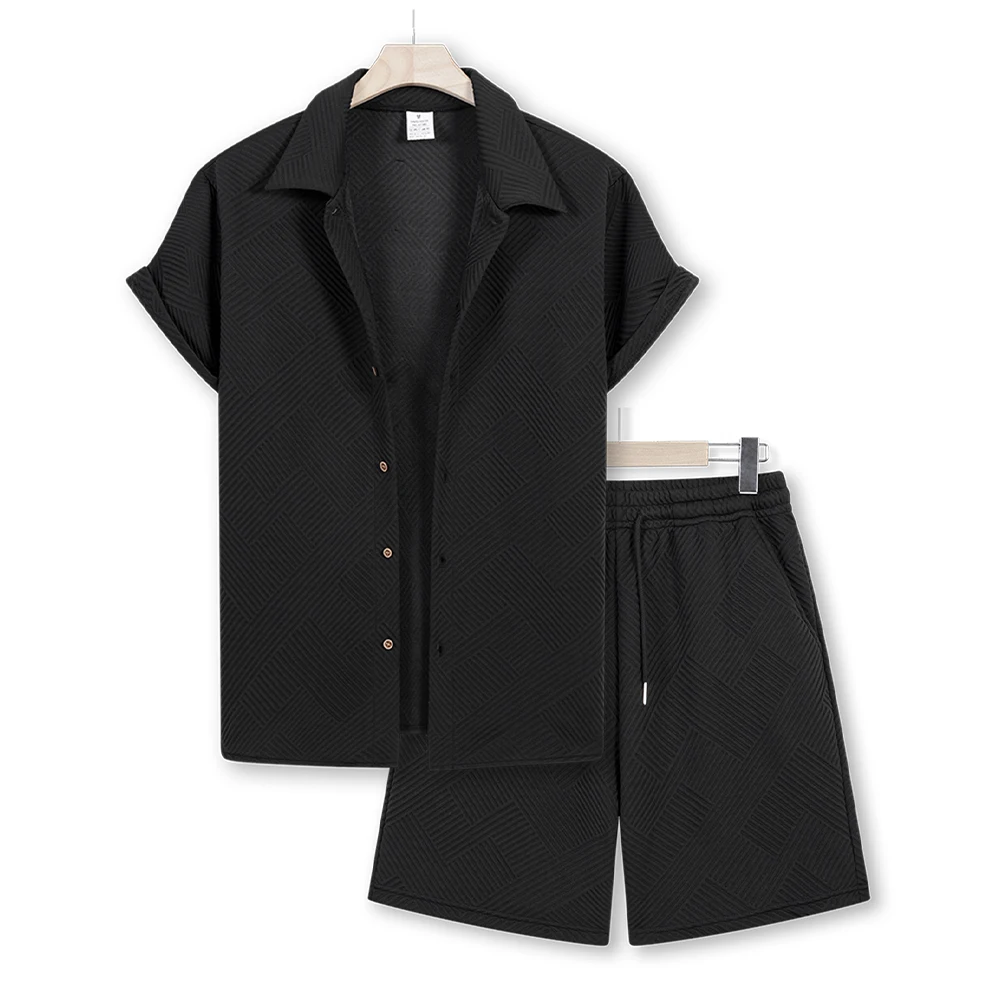 Men's Summer suit Solid color Loose shorts sleeve shirt and Drawstring shorts beach Casual Sportswear Jacquard Texture Suit
Men's Summer suit Solid color Loose shorts sleeve shirt and Drawstring shorts beach Casual Sportswear Jacquard Texture Suit